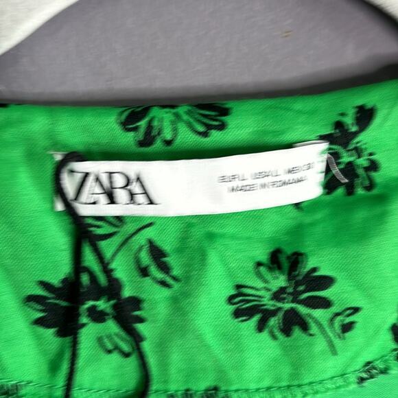 Zara Green and Black Floral Print Short Sleeve Buttoned Front Shirt Dress Size L - Picture 4 of 9